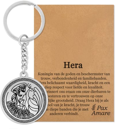 Griekse God Hera Sleutelhanger op Cadeau Kaartje - Zilverkleurige Mythologie Talisman - Roestvrij Staal - Olympus Cadeau - Pax Amare