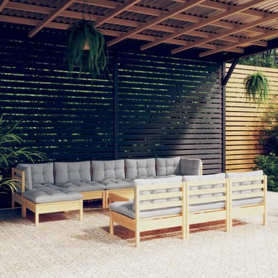 vidaXL - 11-delige - Loungeset - met - grijze - kussens - grenenhout