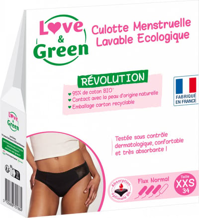 Love & Green Wasbaar Menstruatieslipje Zwart Normale Doorstroming (Maat : XXS)