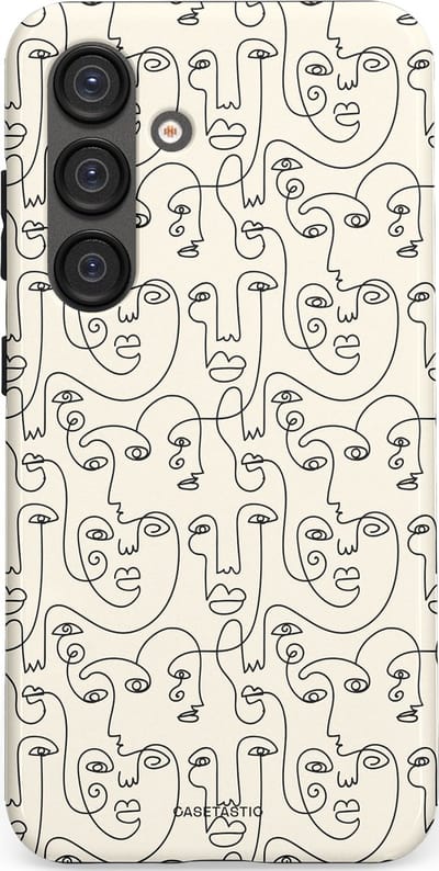 Casetastic hoesje geschikt voor Samsung Galaxy S25 - Dubbellaagse bescherming - Art Deco Creme Abstractie Lijntekening Gezichten - Fashion Case - Zilver Crème Wit