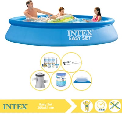 Intex Rond Opblaasbaar Easy Set Zwembad - 305 x 61 cm - Blauw - Inclusief Onderhoudspakket - Zwembadfilterpomp - Filter - Grondzeil - Stofzuiger - 6-delig