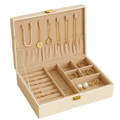 Lomera Sieradendoos Wit - Juwelendoos - Sieraden Opbergen - Kunstleer Sieradendoos - Kettinghaakjes - Ringklemmen - Opbergvak Sieraden - Rose-Goudkleurige Sluiting - Sieraden Organizer - Compacte Sieradendoos - Wit/Creme Design