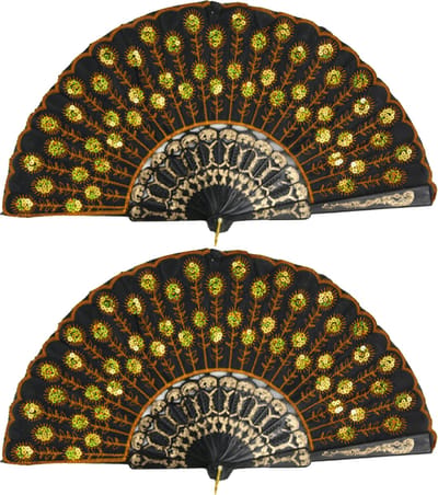 Spaanse handwaaier - 2x - zwart/goud - pailletten - kunststof/polyester - 24 x 44 cm