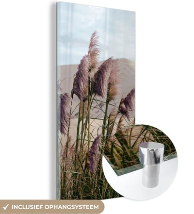 MuchoWow® Glasschilderij 20x40 cm - Schilderij acrylglas - Pampasgras - Zand - Planten - Duin - Foto op glas - Schilderijen