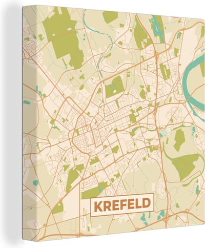 Canvas Schilderij Krefeld - Plattegrond - Kaart - Vintage - Stadskaart - 20x20 cm - Wanddecoratie