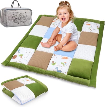 Baby kruipdeken, boxinzet, 100 x 100 cm, fluweel, dikke kruipdeken, patchwork, gevoerd, speelmat, vloermat met tas, katoen met fluwelen dinosaurus