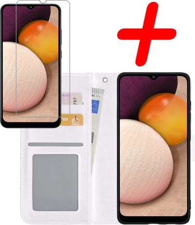 Hoesje Met Screenprotector - Geschikt voor Samsung Galaxy A02s - Luxe Pasjeshouder - Bookcase Portemonee - Flip Case - Kunstleer Book Case - Flipcase - Book Cover - Walletcase - Portemonneehoes - Wit