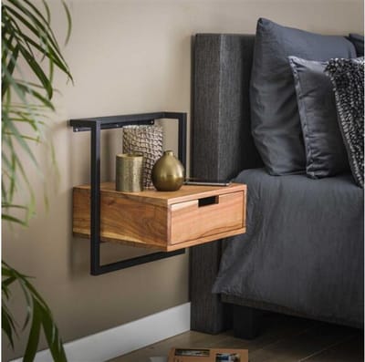 Nachtkastje Air Solid Hangend Acaciahout met Zwart Metalen Frame - Zwevend nachtkastje - wandkastje - 44x35x45 cm