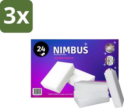3 x NIMBUS Wonderspons 24 stuks per verpakking - Schoonmaken Zonder Chemische Middelen - Betoverend Schoonmaken - Spons Voor Vlekken - Hardnekkige Vlekken Verwijderen - Waterbasis Schoonmaak