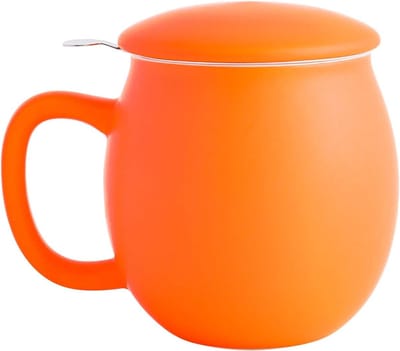 Porseleinen Theekop van 12 oz met Infuser en Deksel, Perfect voor Ontspanning en Thee Genieten in Matt Oranje