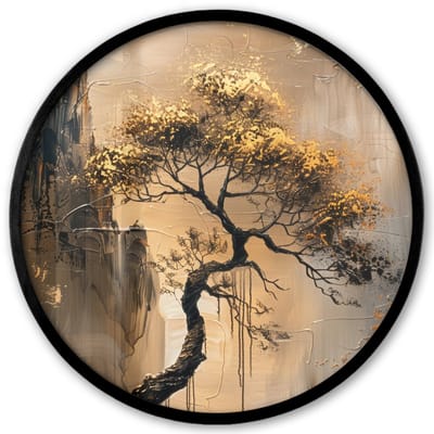 Poster in lijst Rond - Fotolijst 40x40 cm - Posters - Boom - Goud - Landschap - Verf - Ronde posterlijst zwart - Decoratie - Wanddecoratie woonkamer - Muurdecoratie slaapkamer