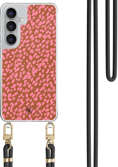 Casimoda® hoesje met zwart koord - Geschikt voor Samsung S25 FE - Stippen roze - Afneembaar koord - TPU/polycarbonaat - Bruin