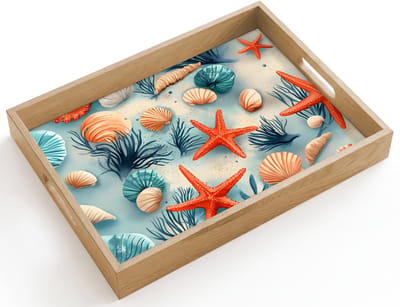 Dienblad hout 40x30 cm - Schootdienblad - Zeesterren - Schelpen - Illustratie - Zand - Borrelplank rechthoek - Plateau dienbladen