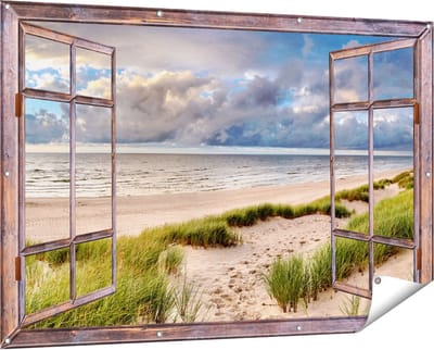 Gards Tuinposter Doorkijk Strand en Duinen met Bewolking - 150x100 cm - Tuindoek - Tuindecoratie - Wanddecoratie buiten - Tuinschilderij