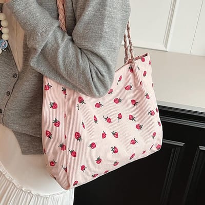 Sac Tote Fraise de Classe pour Étudiants Nouveaux Sac de Rangement Grande Capacité Tendance Monoshoulder Sac en Toile Doux gray