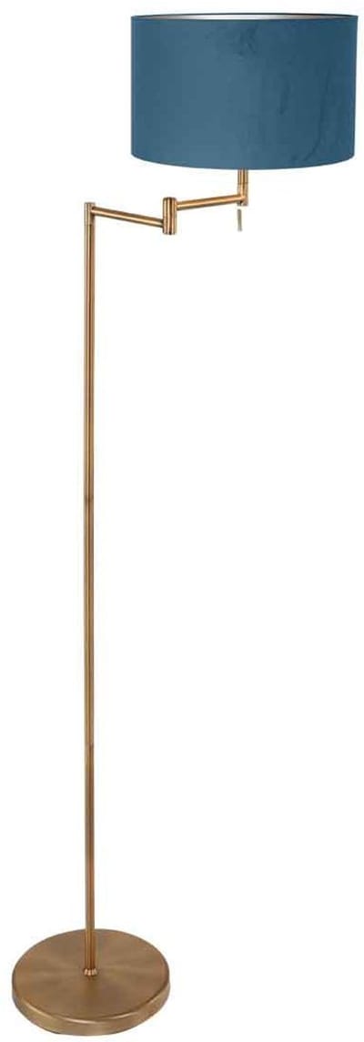 Bronskleurige vloerlamp Bella 3873BR van Mexlite met blauw fluweelachtige kap, hoogte 154 cm, diameter kap 30 cm, uitklapbaar en draaibaar, met metaal en textiel materialen