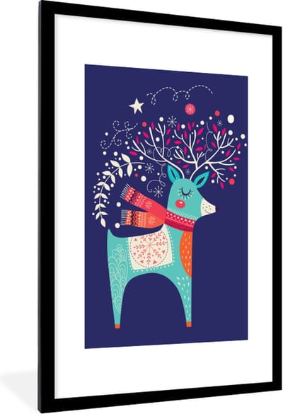 Fotolijst incl. Poster - Rendier - Kerst - Winter - Kerstversiering - 80x120 cm - Posterlijst - Kerstmis Decoratie - Kerstversiering - Kerstdecoratie Woonkamer - Kerstversiering - Kerstdecoratie voor binnen - Kerstmis