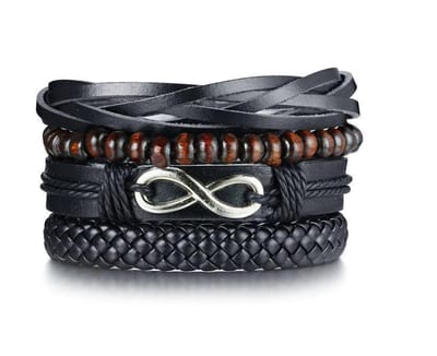 BAZORO® Armband Heren - Gevlochten Leer - Vintage Mannen Armband - Set van 4 stuks - One Size Fits All - Zwart