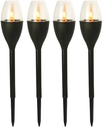 Gerimport Tuinlamp - 4x - solar - LED licht - kunststof - H37 cm - zwart - grondpin - vlam effect