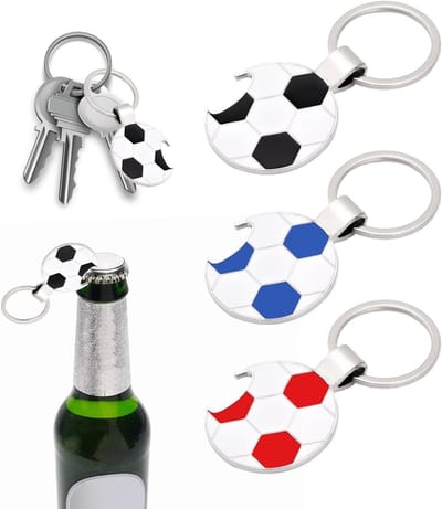 Voetbal Sleutelhangers Set van 3, Flesopener Sleutelhanger, Bal Pendant voor Voetbalfans, Sleutelhanger Cadeau, Rood, Zwart, Blauw, 7.3*3.8cm