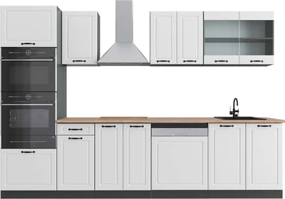 Vicco R-Line Complete keukeneenheid – 300 cm met hoge kast, WB Eik Landhuis wit/antraciet