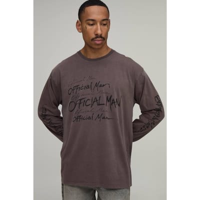 Gewassen Chocoladebruin Oversized Officieel Doodle Print Lange Mouw T-shirt | Washed Chocolate | Size Small