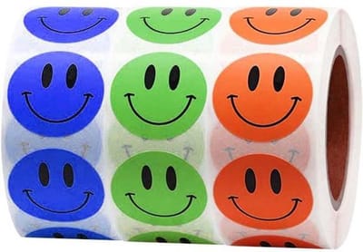3 rollen 500 Smiley stickers 2,5 cm oranje - groen - blauw = 1500 stickers