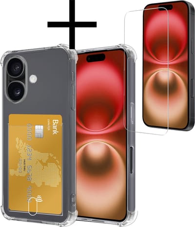 Hoesje - Geschikt voor Apple iPhone 16 - Met Screenprotector - En Pashouder - En Kaarthouder - Telefoon Hoes Shockproof - Siliconen Case - Back Cover - Shock Proof - Pasjes Houder - Transparant