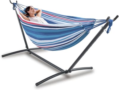 Dubbele Hangmat - Comfortabel Relaxen - Buiten Ontspannen - Inclusief Standaard - 440 Pond Capaciteit - Blauw