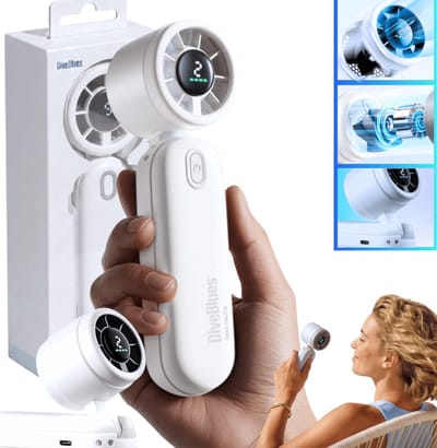 Diveblues® 3-in-1 Draagbare Mini Handventilator Oplaadbaar - iTurbo 9,2 m/s - Compact & Lichtgewicht - Mini Hand Fan