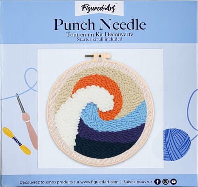 Figured'Art Punch Needle Kit voor Volwassenen en Kinderen - De Grote Golf - Perfect voor Beginners. Compleet klaar-om-te-borduren set, maat 20x20 cm met ronde frame