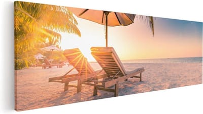 Artaza Canvas Schilderij Zonsondergang Strand - 60x20 cm - Wanddecoratie Zee - Muurdecoratie Ligstoelen - Kamer Accessoires Woonkamer