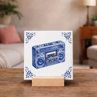 Delftsblauw Tegeltje 11x11 Boombox – Retro Wanddecoratie Cadeau