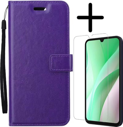 Hoesje Met Screenprotector - Geschikt voor Samsung Galaxy A15 - Luxe Pasjeshouder - Bookcase Portemonee - Flip Case - Kunstleer Book Case - Flipcase - Book Cover - Walletcase - Portemonneehoes - Paars