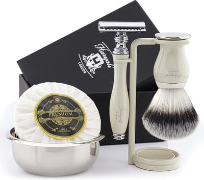Complete scheerset voor mannen, Scheerset voor heren in gebroken witte kleur Scheerkwasten Scheerzeepbakje