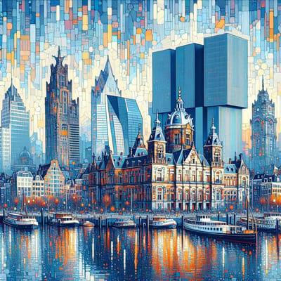 Olieverf rotterdam schilderij | Rotterdamse skyline gevangen in levendige kleuren op olieverf canvas | Kunst - 60x60 centimeter op Dibond | Foto op Dibond
