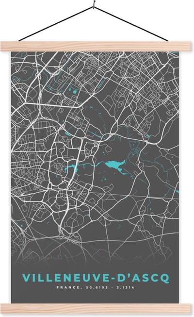 Posterhanger incl. Poster 40x60 cm - Schoolplaat - Villeneuve-d'Ascq - Frankrijk - Stadskaart - Kaart - Plattegrond - Textielposter - Blanke latten - Stadskaart