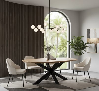 Eettafel Deens Ovaal Mangohout 160 cm – Naturel Mangohouten Blad met Zwart Matrixonderstel – Novihome