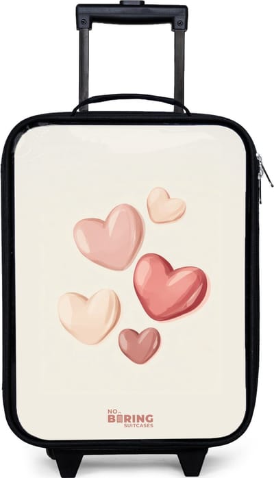 NoBoringSuitcases.com® - Kinderkoffer jongen - Kindertrolley meisje - Zwevende harten in zachte rode en roze tinten - Koffer kind lichtgewicht - Reiskoffer trolley voor kinderen - Koffertje met lichtgevende wieltjes - Rolkoffer zwart