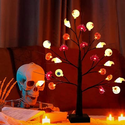 Halloween decoratieve boomlamp - Halloween-decoratie voor binnen - 24 ledlampen - verstelbare takboom - indoor herfstdecoratie - USB en batterijvoeding - sieraden voor spooky party - zwarte boom met unieke uitstraling