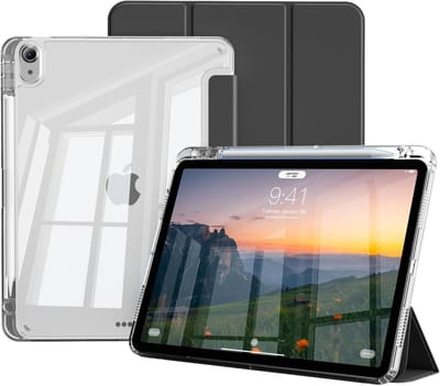 Hoes Geschikt voor iPad Air 11 inch hoes Zwart / iPad Air M4 / M3 (2025 2026) hoes Smart Case met Harde Doorzichtige Achterkant en Pencil Slot - iPad Pro 11 Inch 2022/2021/2020/2018/ iPad Air 5th/4th Generation Tri Fold Tablet