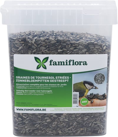 Famiflora gestreepte Zonnebloempitten - 4kg Emmer - Handige Grootverpakking - Voeding voor tuinvogels - Wintervoer