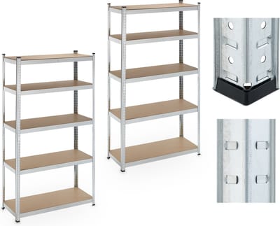 stellingkast set van 2 - 5 planken - 180x100x40 cm - tot 500 kg - staal - kelder - zilver