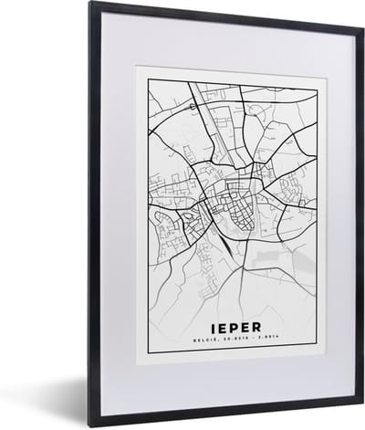 Fotolijst incl. Poster Zwart Wit- Stadskaart – Plattegrond – België – Zwart Wit – Ieper – Kaart - 30x40 cm - Posterlijst