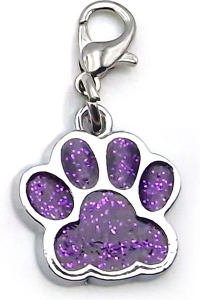 Metalen klikhanger sleutelhanger hondenpootje paars met glitter voor ketting of halsband