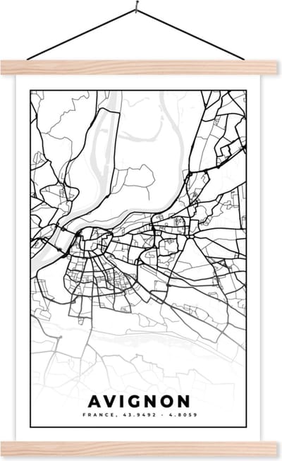 Posterhanger incl. Poster 40x60 cm - Schoolplaat - Stadskaart - Frankrijk - Kaart - Plattegrond - Avignon - Zwart wit - Textielposter - Blanke latten - Stadskaart