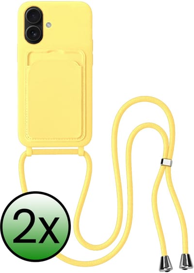 Hoes Geschikt voor iPhone 16 Plus Hoesje Pas Houder Case Hoes Met Koord - Hoesje Geschikt voor iPhone 16 Plus Hoes Met Telefoonkoord Pasjeshouder Cover - Geel - 2 Stuks