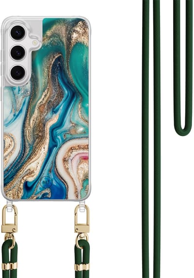 Hoesje met koord geschikt voor Samsung Galaxy S24 - Magic marble - Inclusief Groen koord - Crossbody beschermhoes - Transparant, Multi - Mooie Telefoonhoesjes
