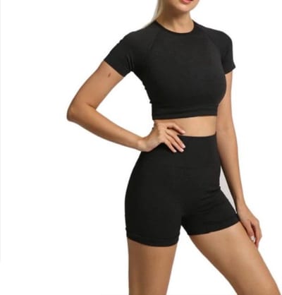 Jumada's - Sport outfit - Crop top met korte mouwen - High waist korte legging - Naadloos - Squatproof - Zwart - L