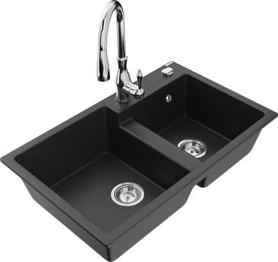 Mexen Tomas granieten 2-baks gootsteen met keukenmengkraan Savita, zwart/zilver metallic - 6516-73-672601-00